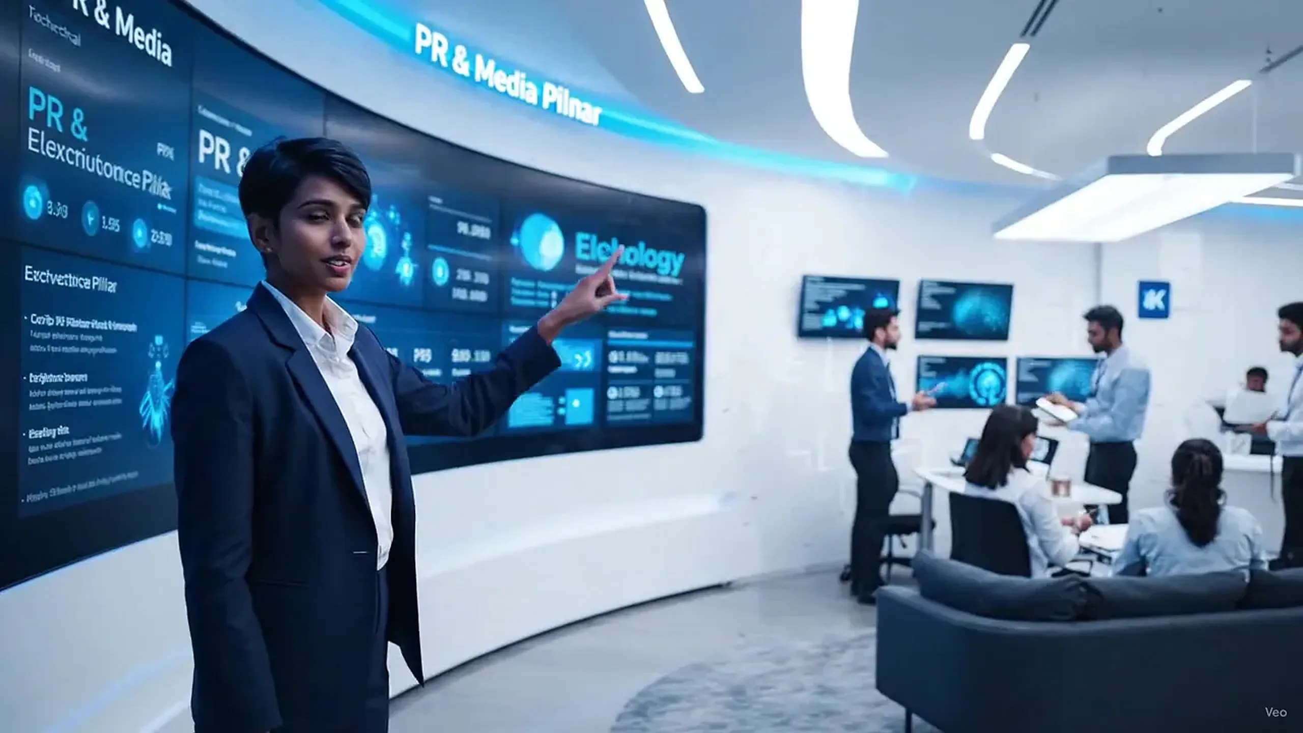 A presenter in front of a PR and media display wall, from the Tibe Allianz brand film