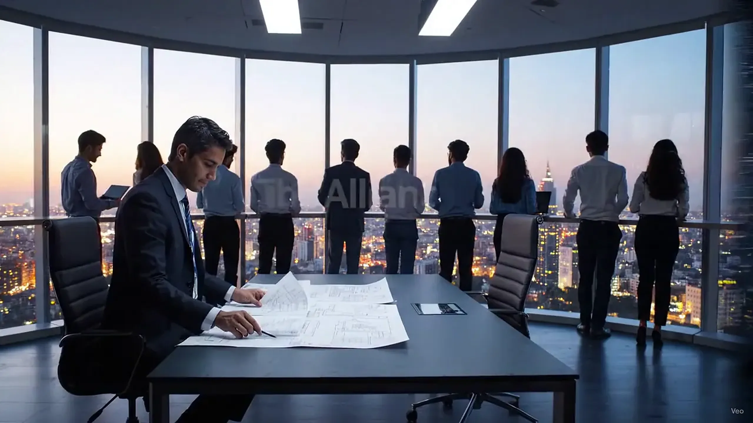 A consultant reviewing plans in a strategy room overlooking the city, from the Tibe Allianz brand film