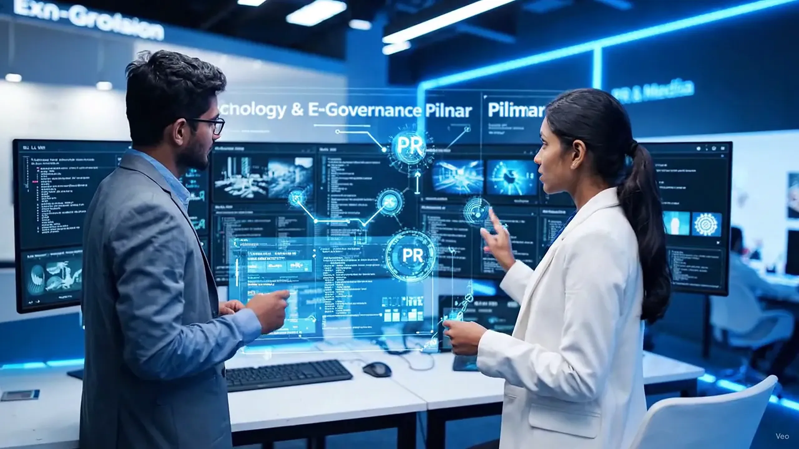 Two professionals working with technology and e-governance dashboards, from the Tibe Allianz brand film
