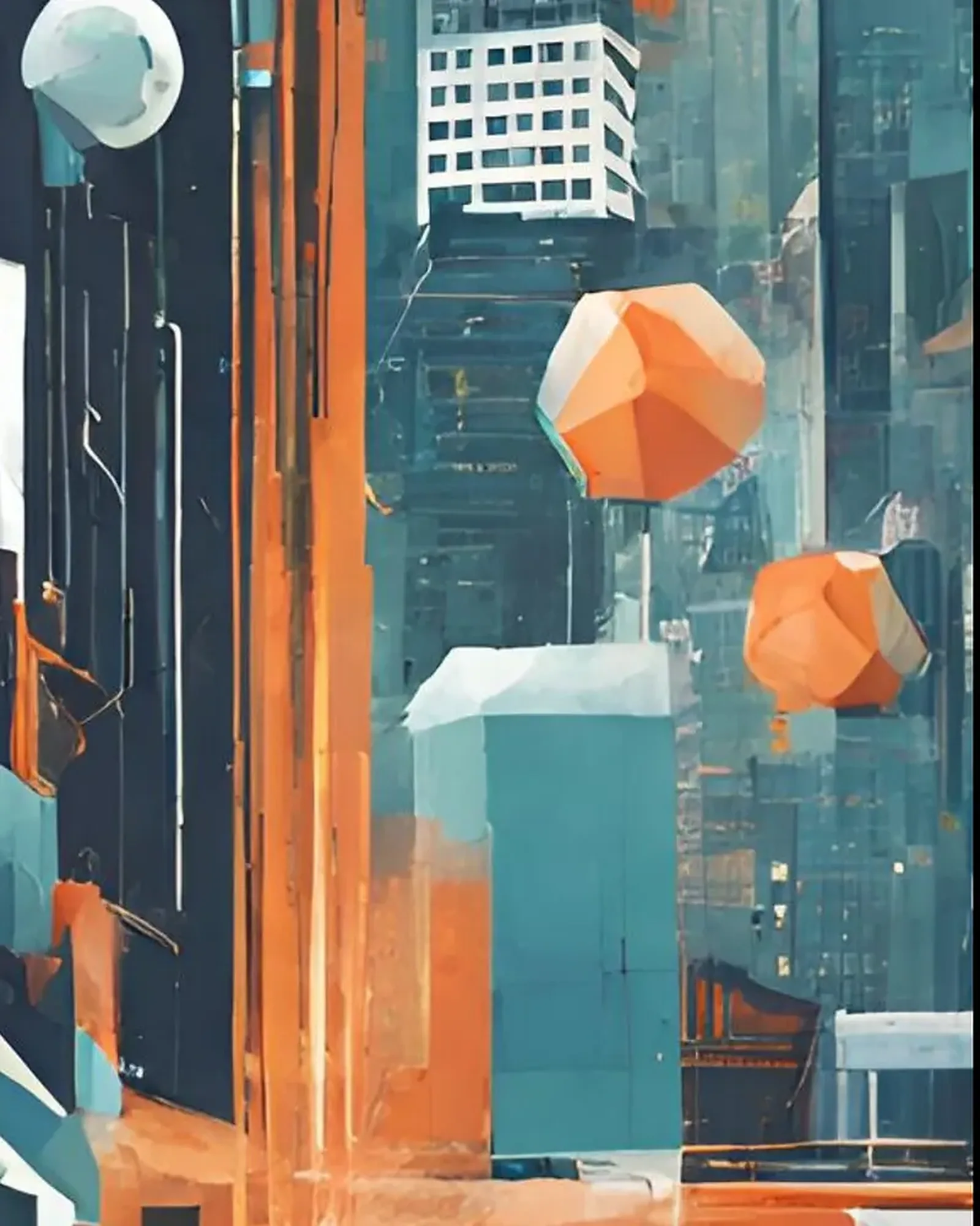 Illustration of a city skyline and a laptop in teal and orange